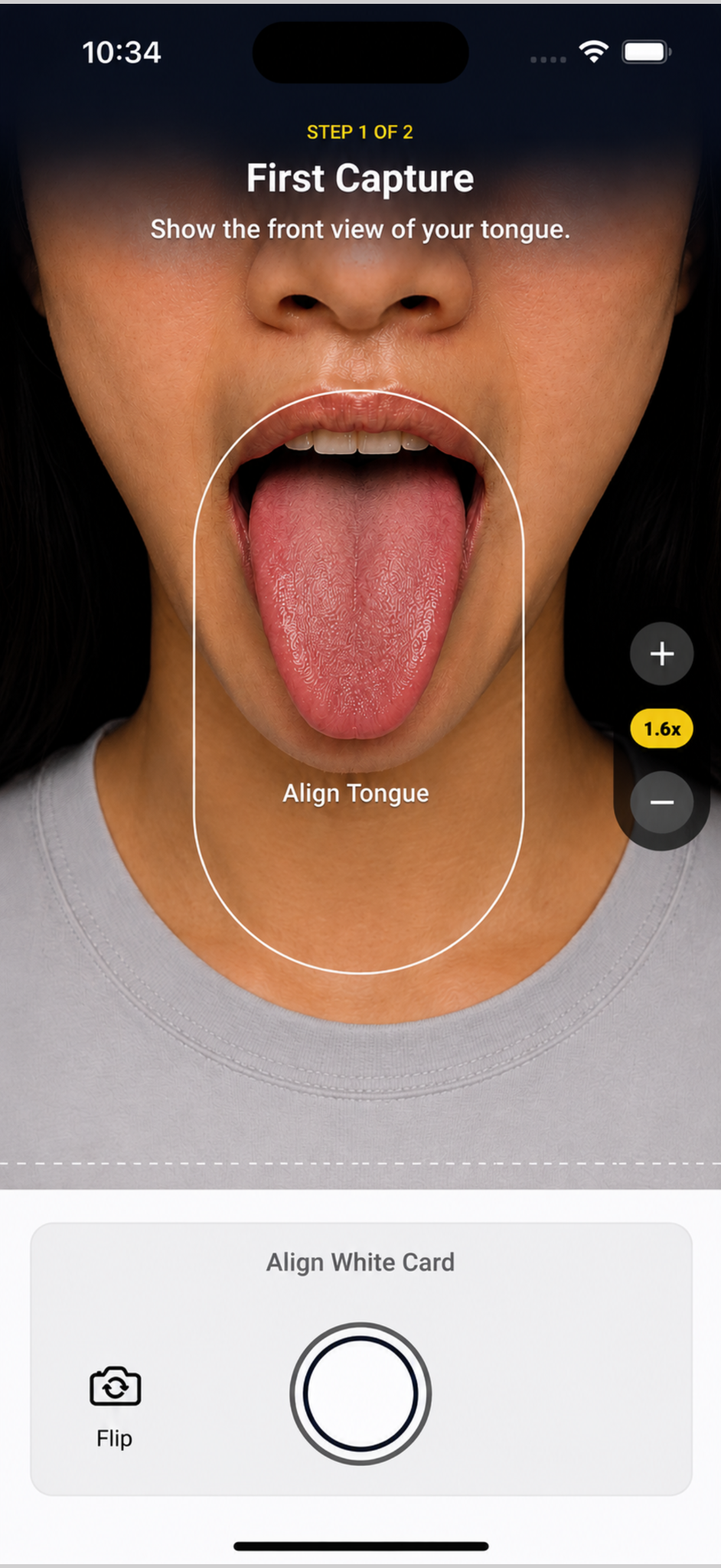 Health Mirror capture screen showing the tongue guide and white card guide.