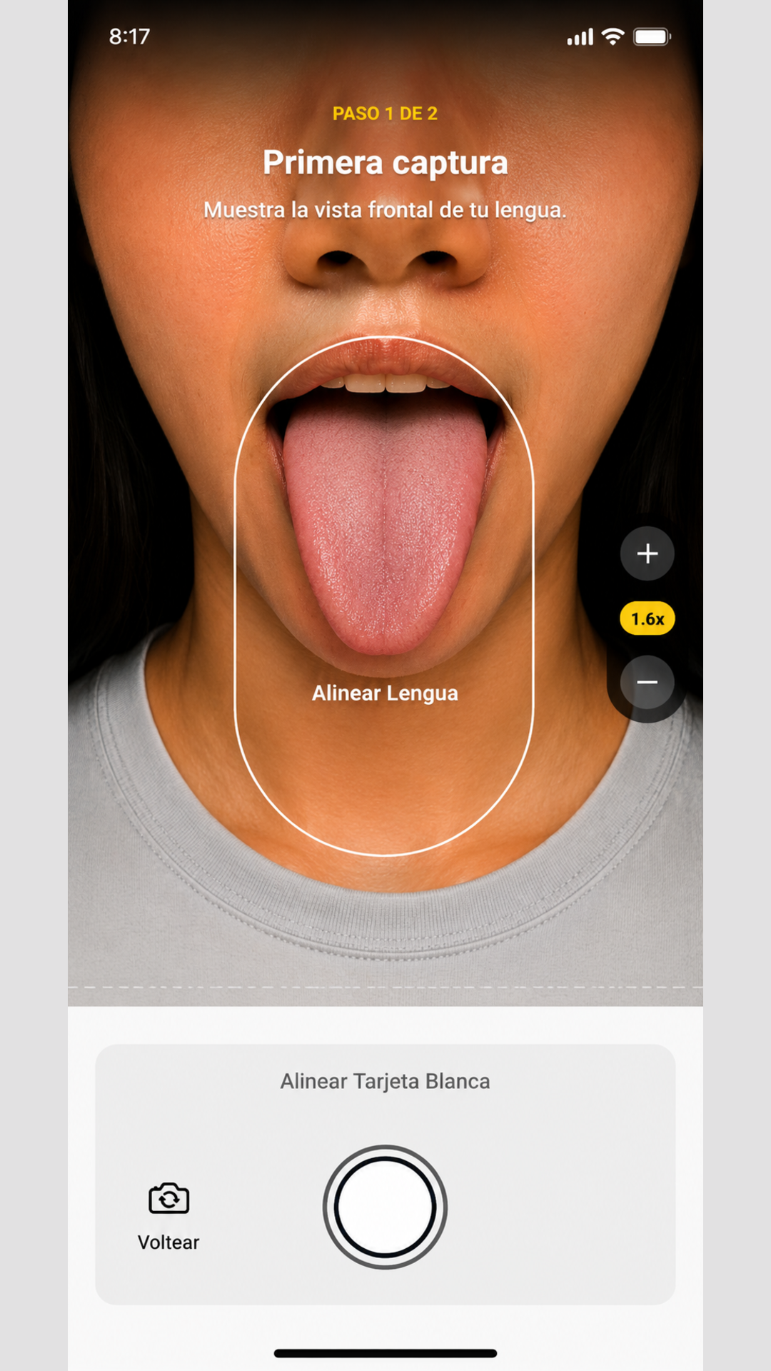 Pantalla de captura de Health Mirror con la guía para la lengua y la guía para la tarjeta blanca.