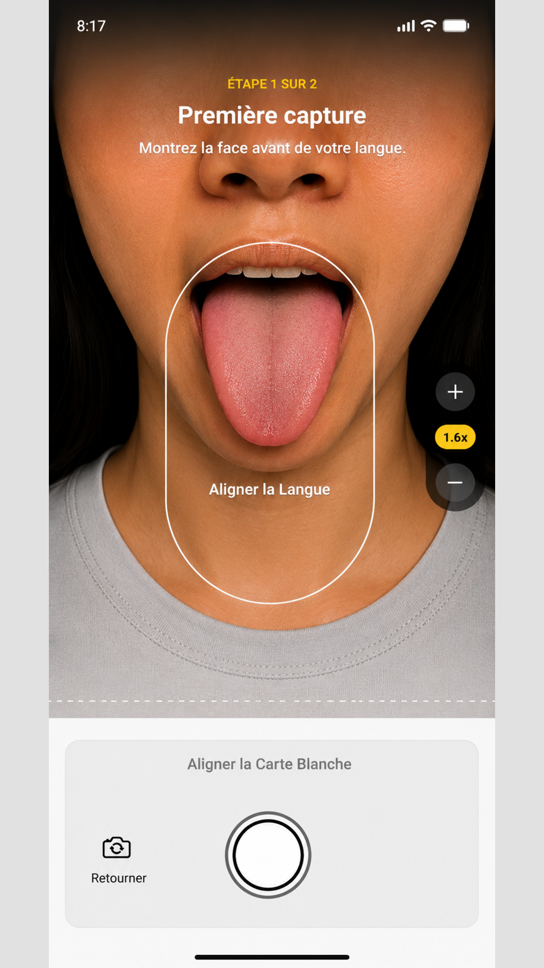 Écran de prise de vue Health Mirror avec le repère pour la langue et le repère pour la carte blanche.